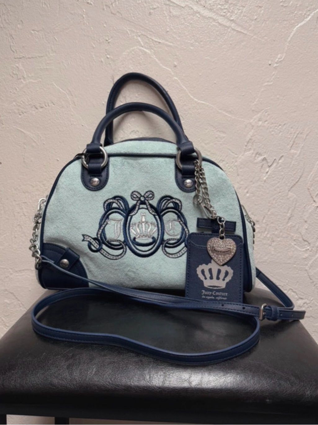 Juicy Couture Light Blue & Navy Embroidered Dome Satchel With Heart Charm